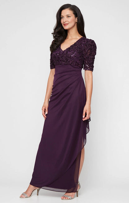 roselledress plum purple sequin floral a line mother of the bride dresses front view v neck short sleeve ruched waist chiffon floor length gown