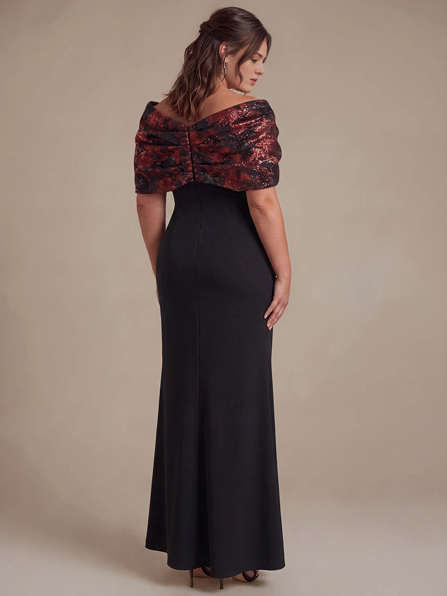 roselledress plus size black mermaid evening dress off shoulder glitter bow short sleeves button closure back full length formal gown back view