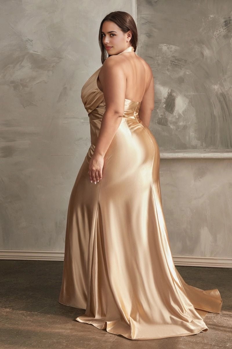 back view Roselledress curvy gold satin open back plus size wedding guest maxi dress hidden zip
