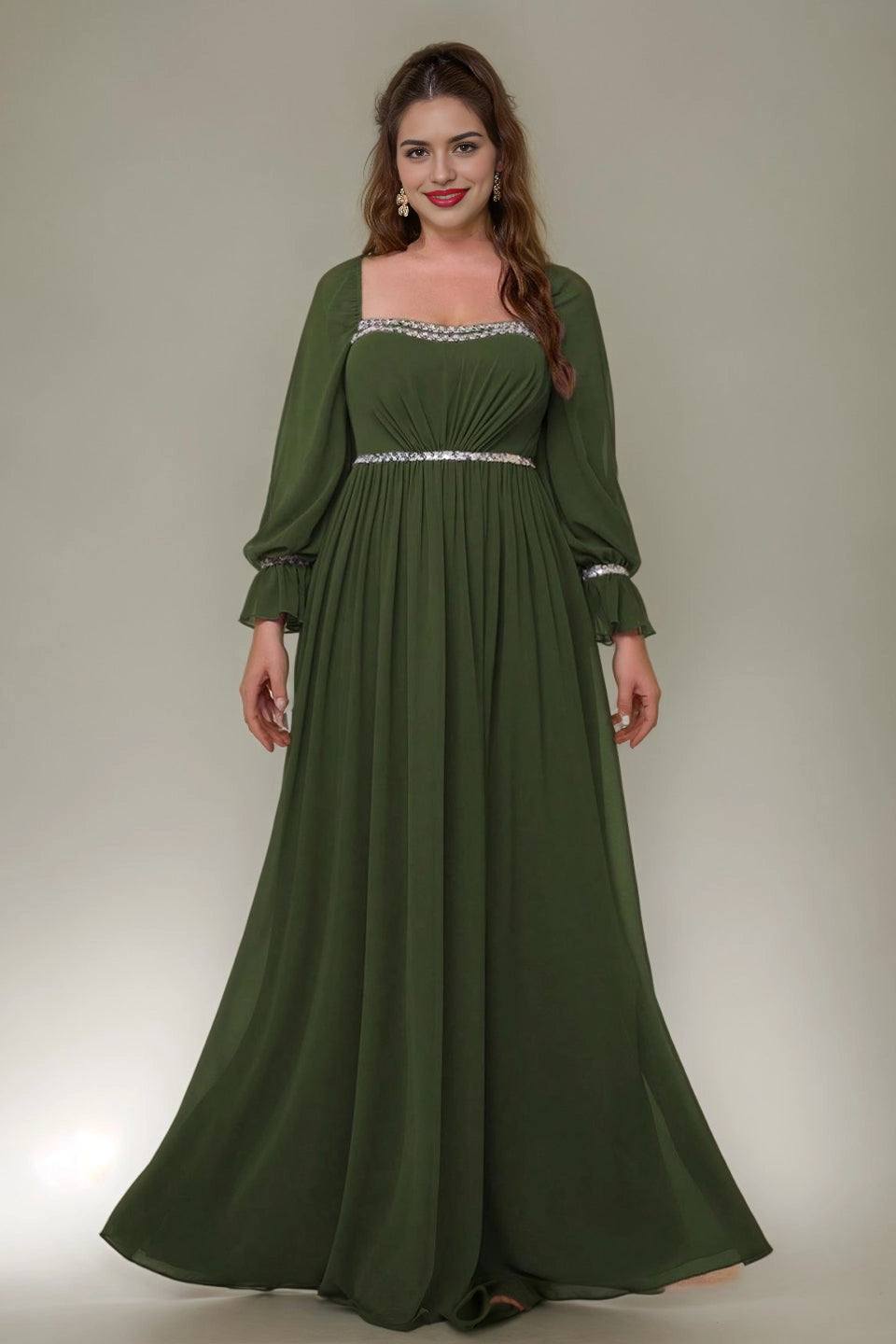 Vedress olive green plus size square neck long prom dress long sleeve rhinestone chiffon a-line evening gown