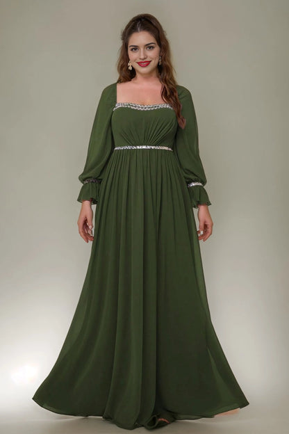 Vedress olive green plus size square neck long prom dress long sleeve rhinestone chiffon a-line evening gown