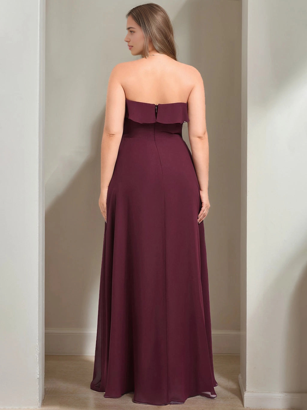 Back view RoselleDress wine red curvy chiffon dress strapless fold ruffle straight back hidden zipper floor length bridesmaid gown