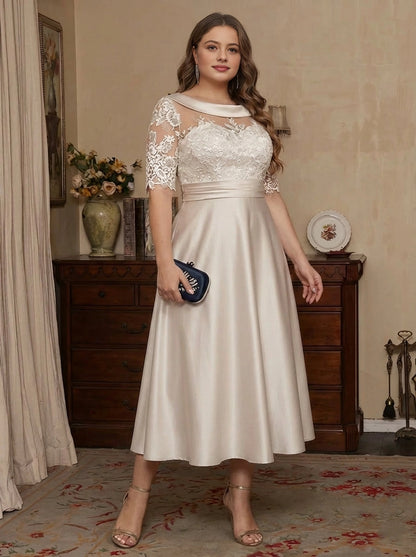 RoselleDress champagne satin plus size midi mother of bride dress cowl neck lace half sleeve a-line front view