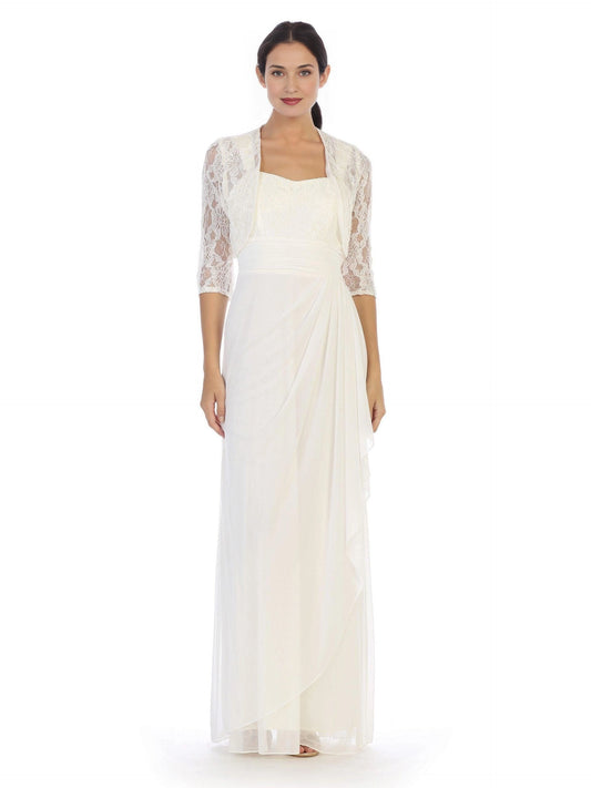 roselledress ivory two piece mother of the bride dresses front view square neck chiffon maxi gown with three quarter sleeve lace shrug floor length