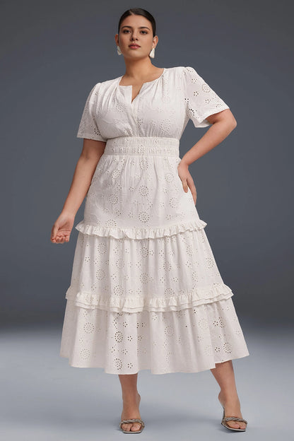 Roselledress plus size white eyelet lace midi prom dress notch neck short sleeve tiered ruffle front view