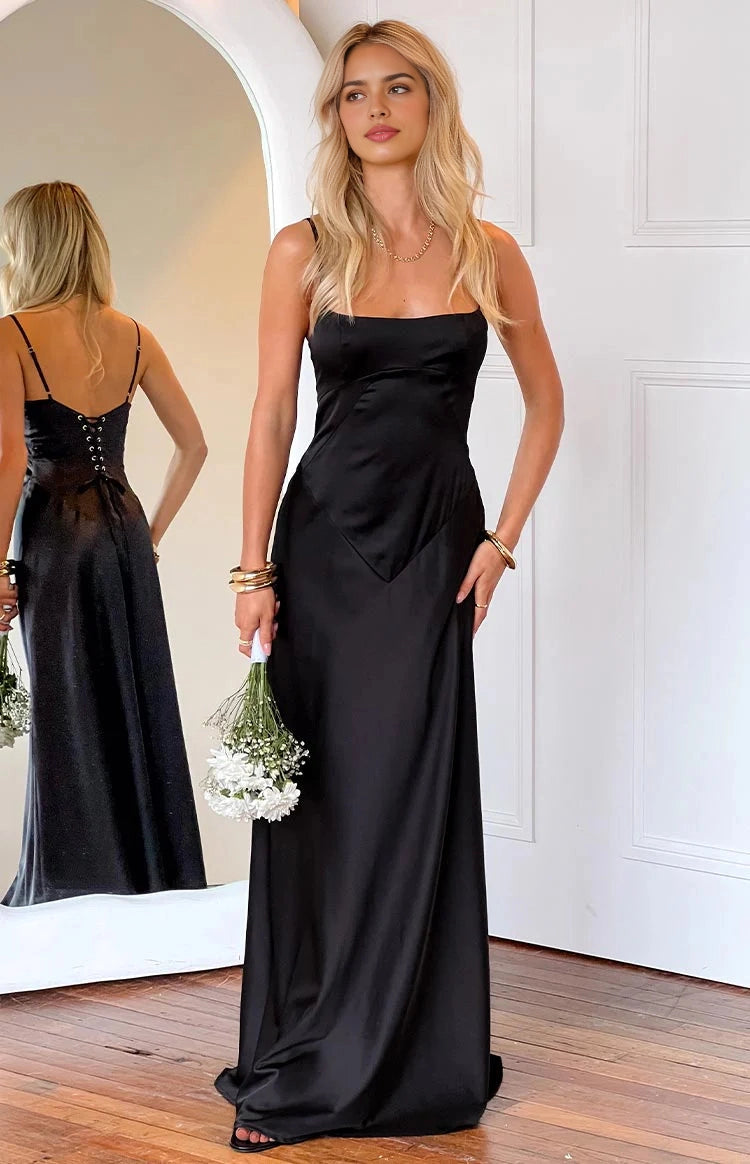 RoselleDress black satin A-line evening dress square neck spaghetti straps geometric seam white studio shot