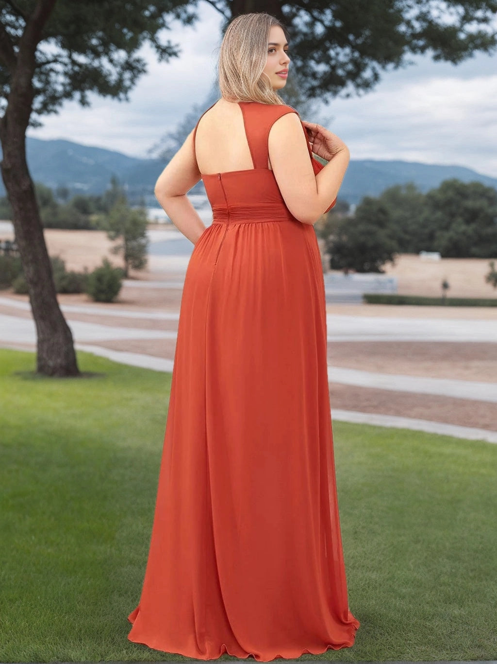 roselledress curvy terracotta bridesmaid dress square cutout back ruched waist zipper farm wedding maxi dress