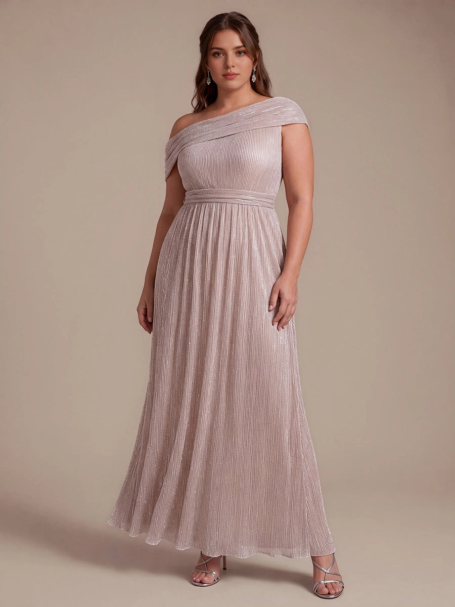 Roselledress Metallic Green A Line Off Shoulder Cap Sleeve Open Back Floor Length Plus Size Wedding Guest Dress 