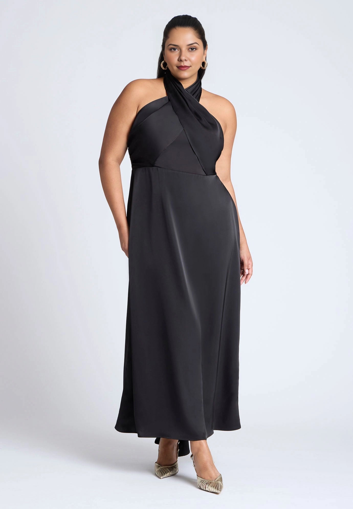 Chartreuse Satin Halter Neck Cross Over Maxi Plus Size Wedding Guest Dress