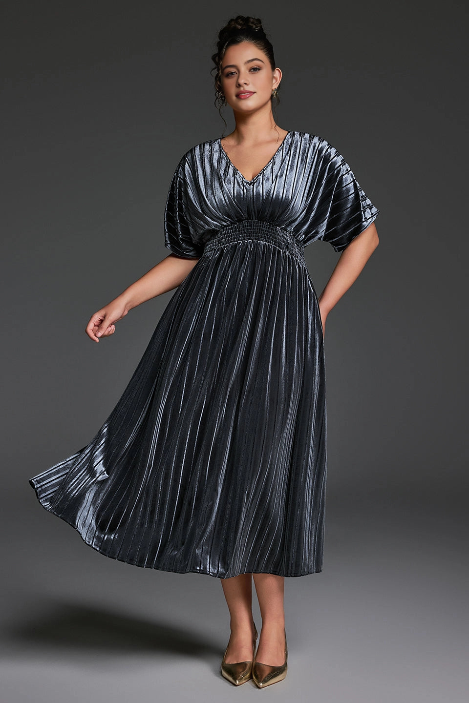 roselledress dark gray shiny velvet plus size midi mother dress v neck dolman short sleeve casual formal gown with pockets