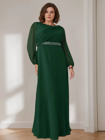 roselledress dark green plus size mother of the bride floor a-line chiffon dress boat neck draped bodice sheer bubble long sleeve sparkly beaded waistband wedding formal gown