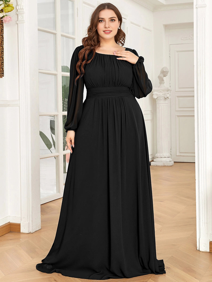 Roselledress Flowy A-Line Scoop-Neck Lantern-Sleeve V-Zip-Back Maxi Plus Size Weeding Guest Dress