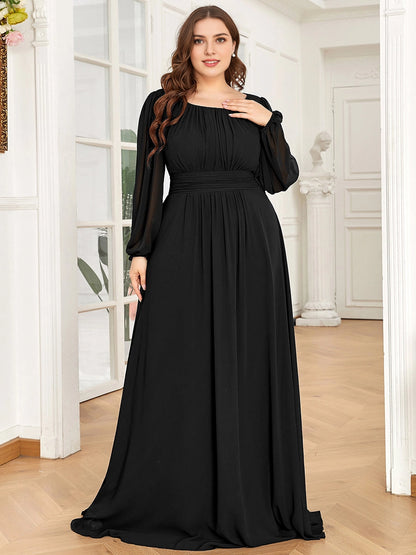 Roselledress Flowy A-Line Scoop-Neck Lantern-Sleeve V-Zip-Back Maxi Plus Size Weeding Guest Dress