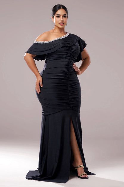 dress black plus size mermaid one shoulder ruched prom gown rhinestone trim thigh slit for curvy women