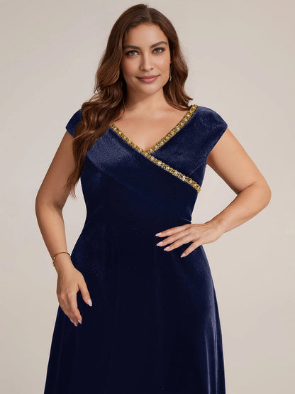 Navy Velvet Beaded Cap Sleeve Midi Plus Size Mother of the Bride Dress