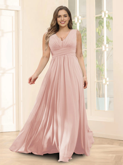 Flowy A‑Line V‑Neck Sleeveless V‑Back Floor‑Length Terracotta Chiffon Plus Size Mother Of The Bride Dress