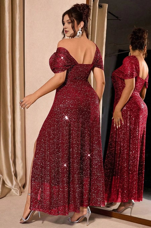 Plus size burgundy glitter evening dress with wide scoop back and short draped sleeves
