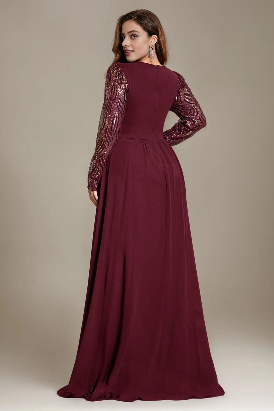Elegant A-Line V-Neck Long-Sleeve Zip-Back Floor-Length Plus Size Mother Of Bride Dress