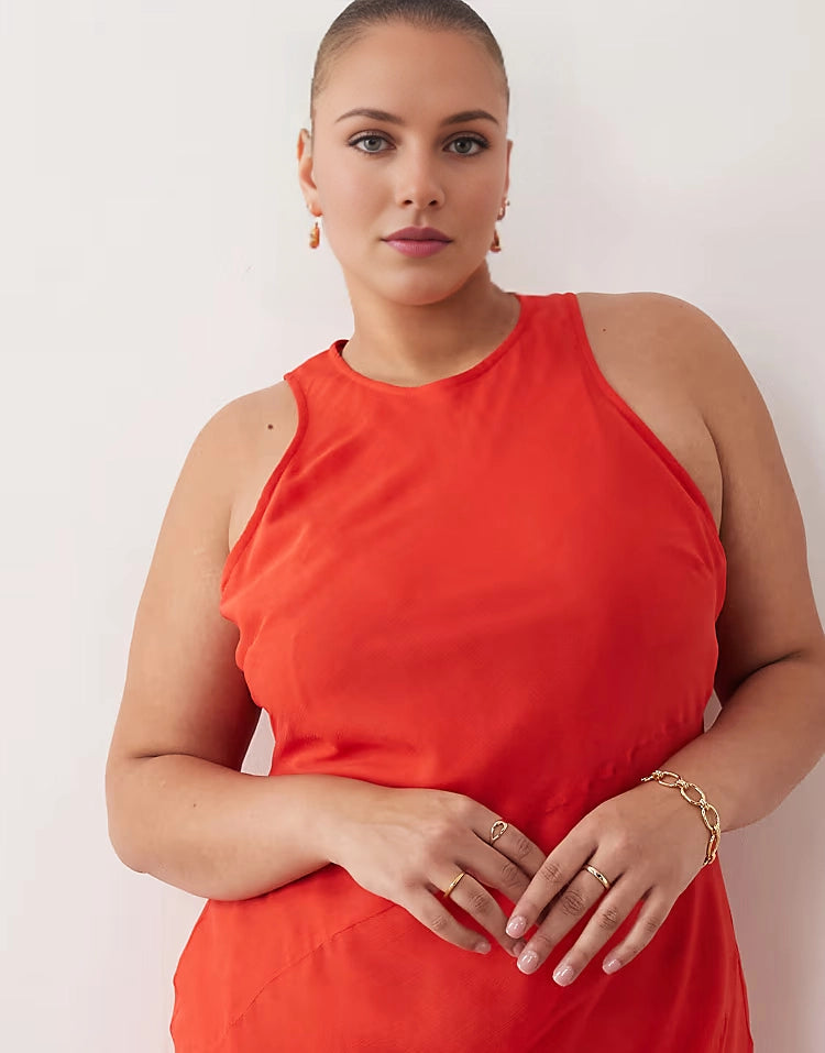 Sleek Bias-Cut Halter Sleeveless Zipper-Back Maxi Plus Size Wedding Guest Dress