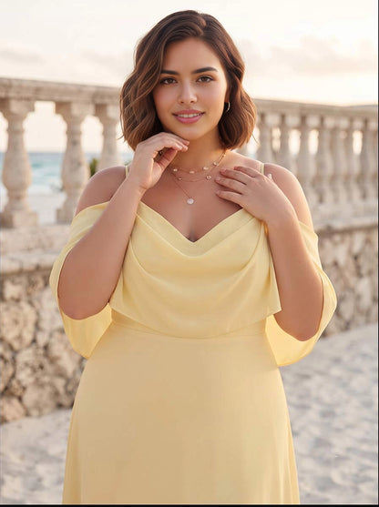 Soft Yellow A‑Line Off Shoulder Cold Shoulder Draped Back Floor Length Plus Size Mother Of The Bride Dress