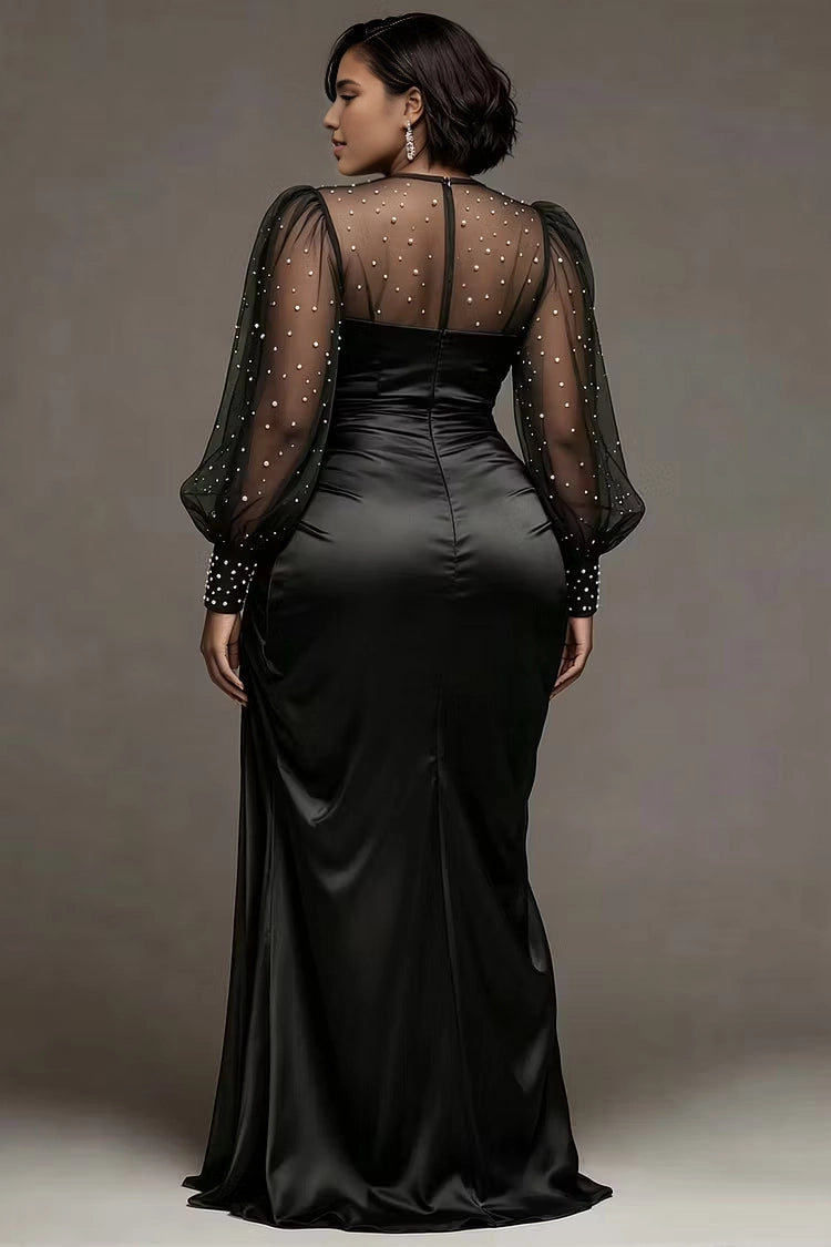 Roselledress White Mermaid High Neck Pearl Sheer Puff Sleeve Satin Slit Plus Size Prom Dress