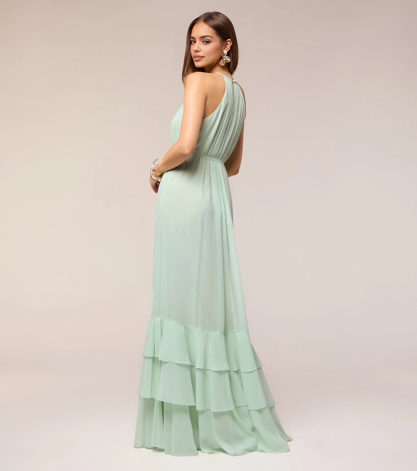 Back view RoselleDress mint halter pleated back chiffon gown tiered ruffle floor length wedding guest dress