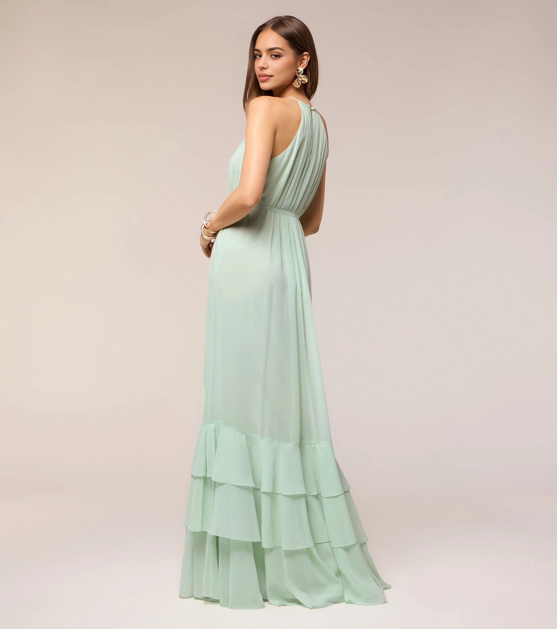 Back view RoselleDress mint halter pleated back chiffon gown tiered ruffle floor length wedding guest dress