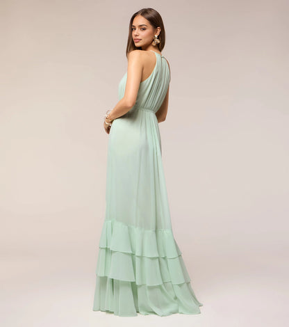 Back view RoselleDress mint halter pleated back chiffon gown tiered ruffle floor length wedding guest dress