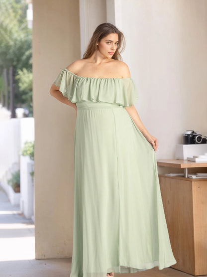 roselledress sage chiffon plus size bridesmaid dress off shoulder ruffle short sleeve elastic waist garden wedding maxi gown