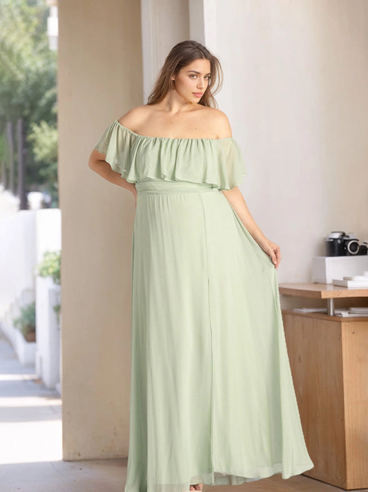 roselledress sage chiffon plus size bridesmaid dress off shoulder ruffle short sleeve elastic waist garden wedding maxi gown