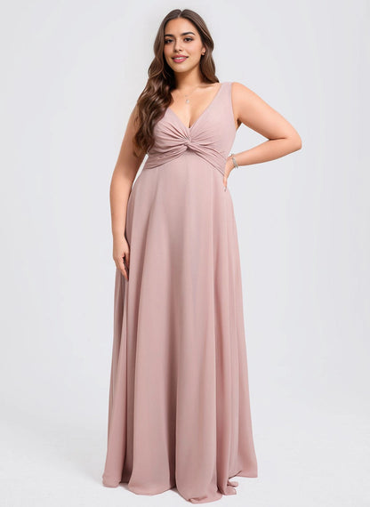 Roselledress dusty rose chiffon twist knot sleeveless plus size floor-length bridesmaid dress front view