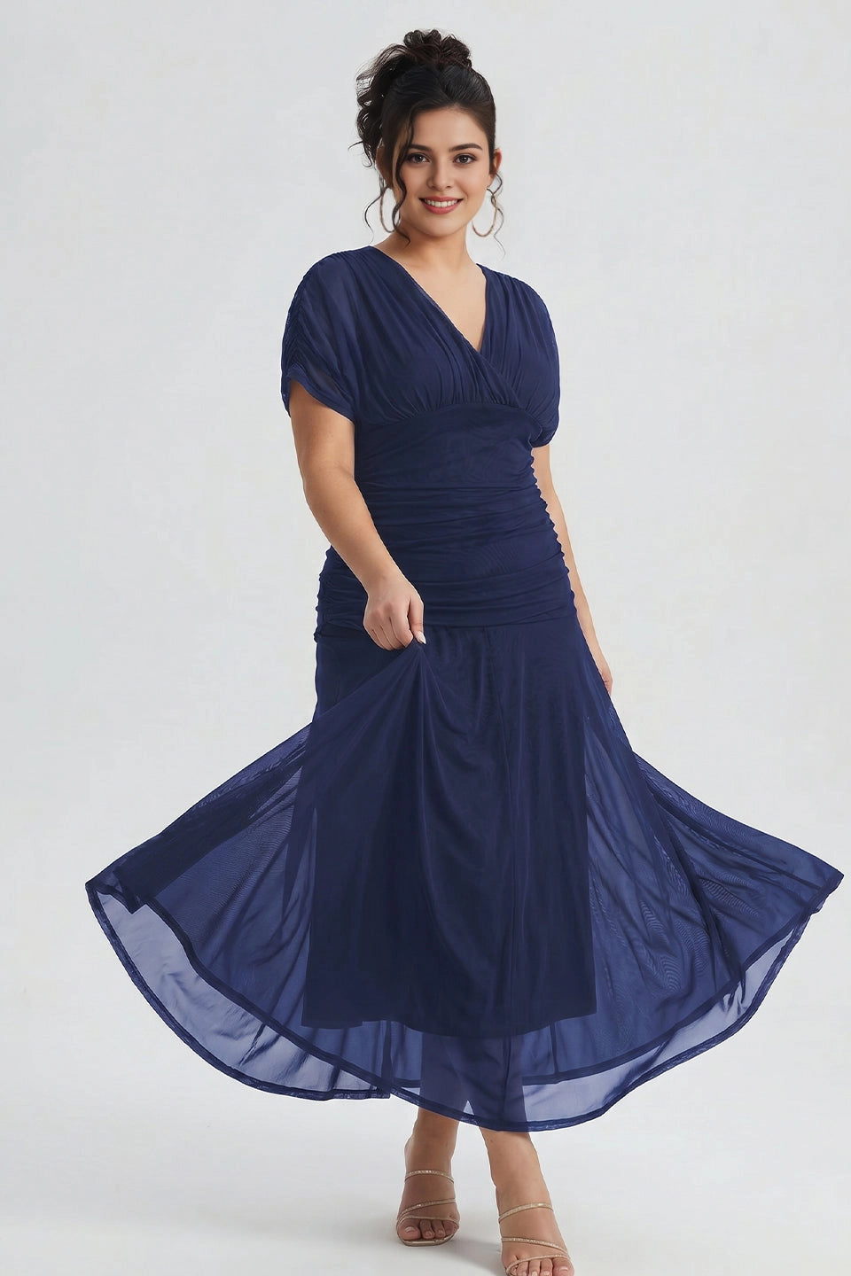 Chic Plus Size A‑Line Surplice‑V Flutter‑Sleeve Ruched‑Back Midi Mother Of Bride Dress