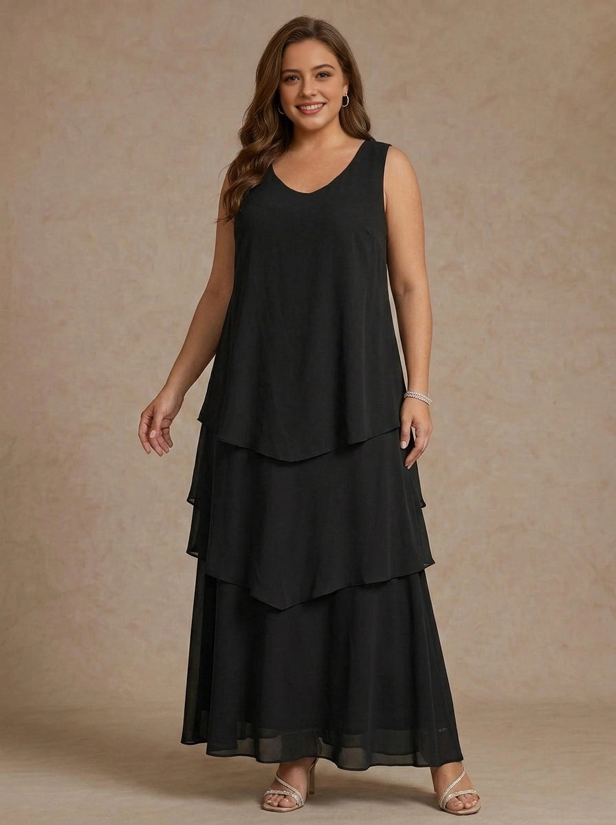 Roselledress Classic Black Plus Size A Line Square Neck 3/4 Sleeve Open Back Three Piece Maxi Mother Of Bride Dress