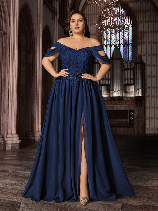 Roselledress plus size navy lace chiffon prom dress off shoulder sweetheart short sleeve floor length front view