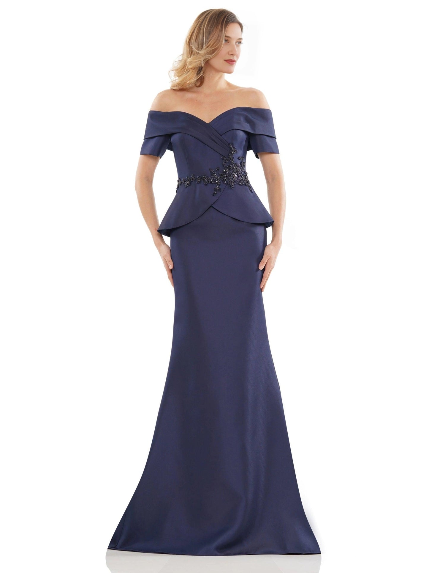 roselledress navy satin off shoulder mermaid mother of the bride dresses front view peplum waist beaded floral floor length formal evening gown