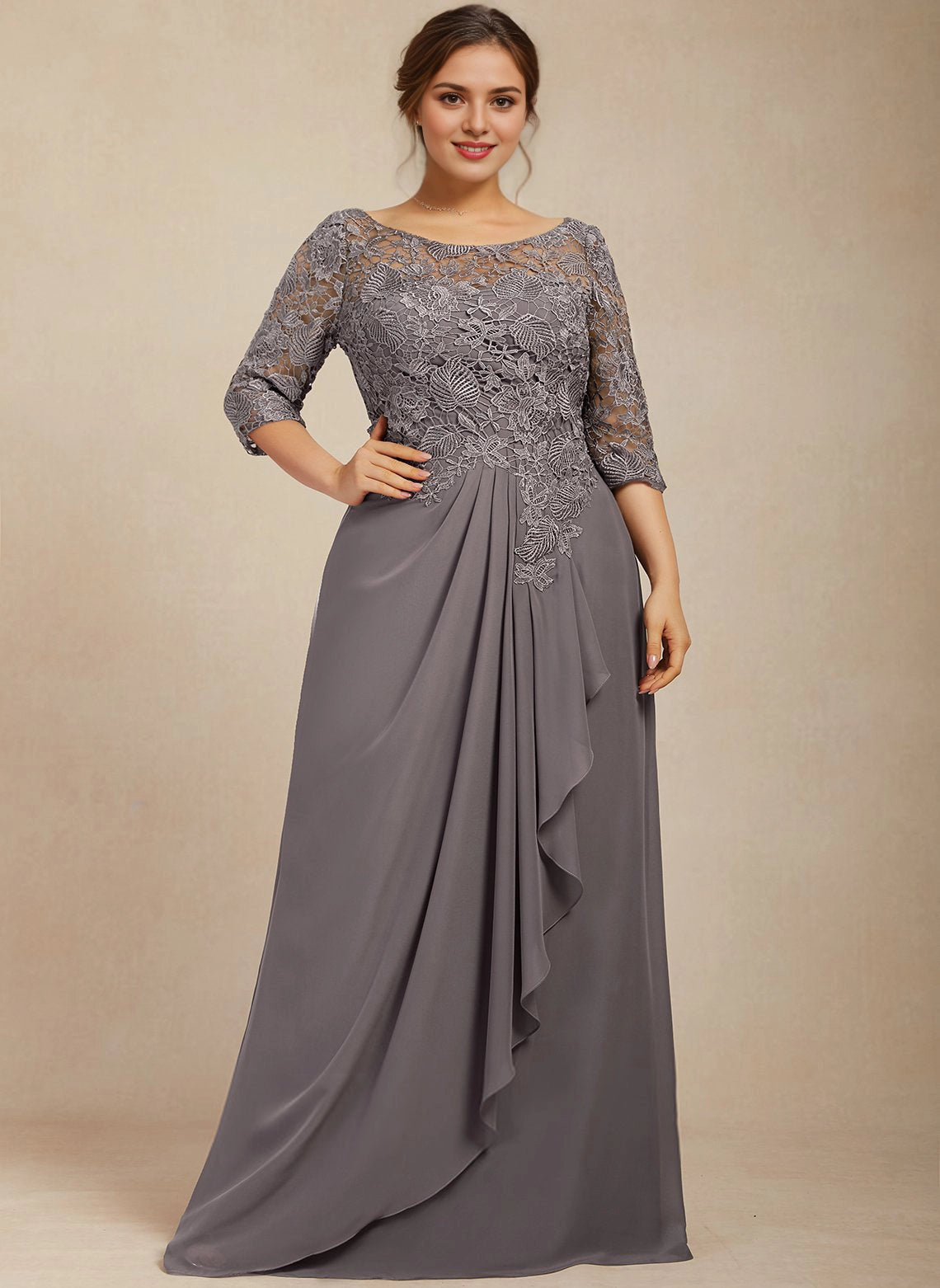 roselledress grey plus size mother of bride maxi dress bateau neck 3/4 sleeve lace chiffon formal gown