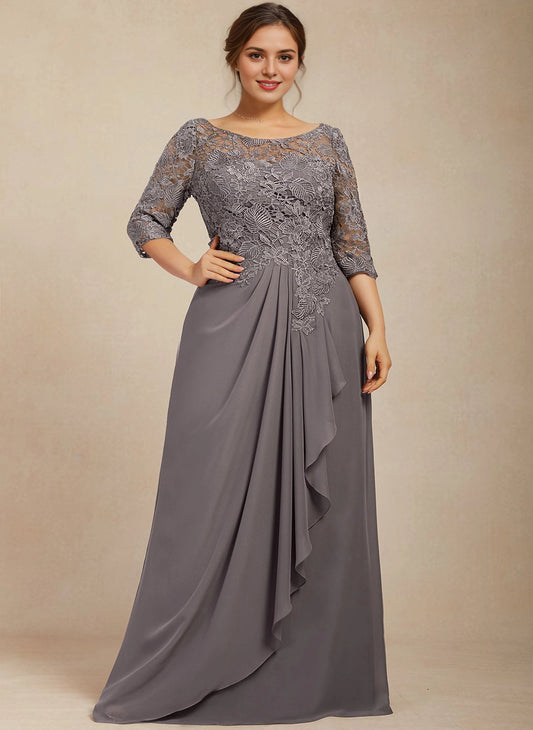 roselledress grey plus size mother of bride maxi dress bateau neck 3/4 sleeve lace chiffon formal gown