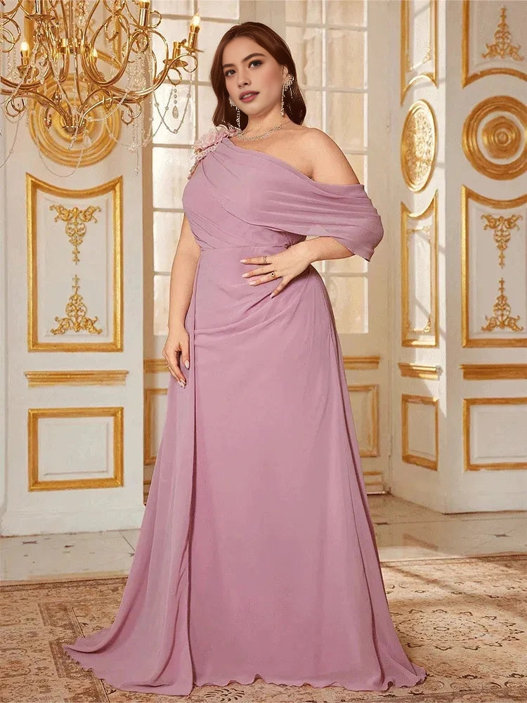 Gorgeous Mermaid One‑Shoulder Draped‑Sleeve Open‑Back Floor‑Length Plus Size Mother Of The Bride Dress