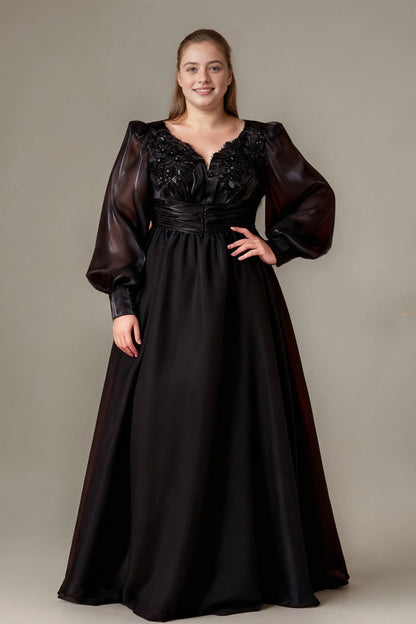 roselledress black satin plus size mother dress lace beaded v neck sheer puff long sleeve floor length formal gown