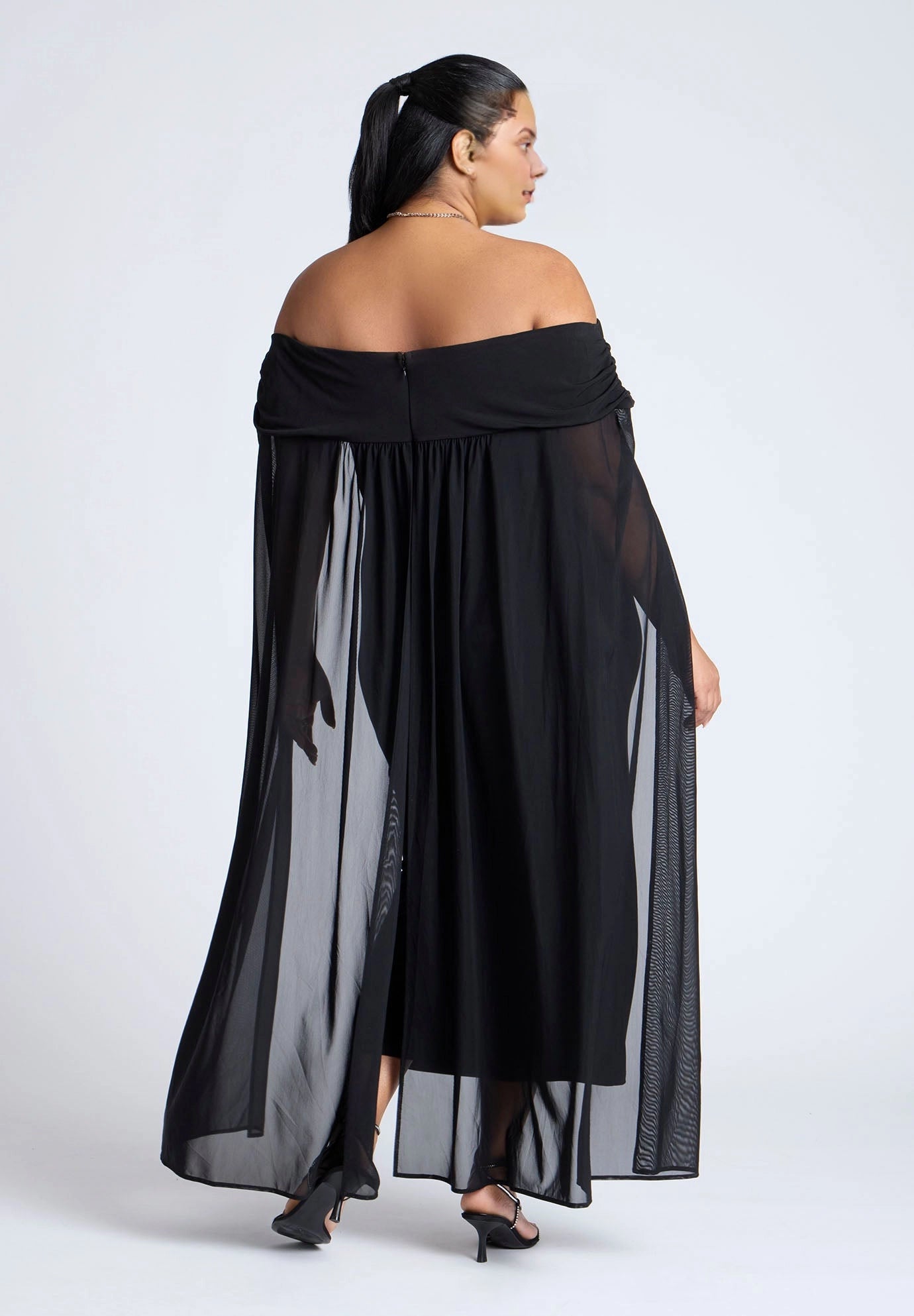 Roselle Dress plus size black mesh cape off‑shoulder midi formal wedding guest dress back view with centre back zipper