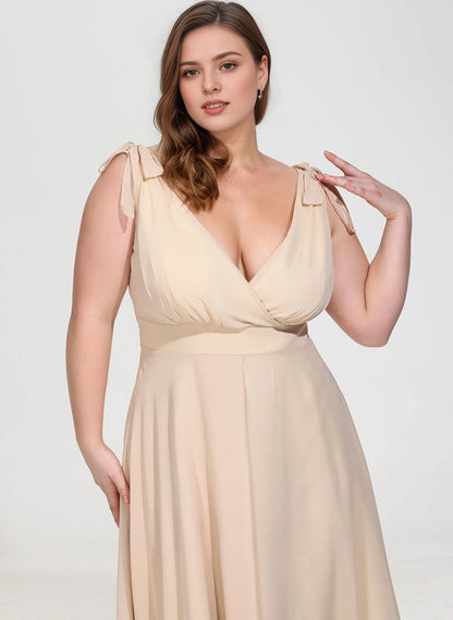 Roselledress Flowy A-Line Deep-V Tie-Strap Bow-Back Maxi Plus Size Weeding Guest Dress