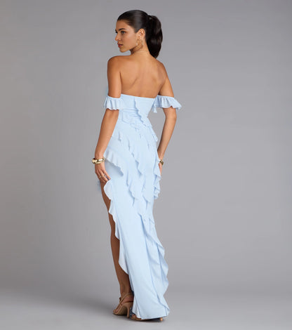 Roselledress Ruffled Slim Off-Shoulder Tube Open-Back Slit Maxi Plus Size Prom Dress
