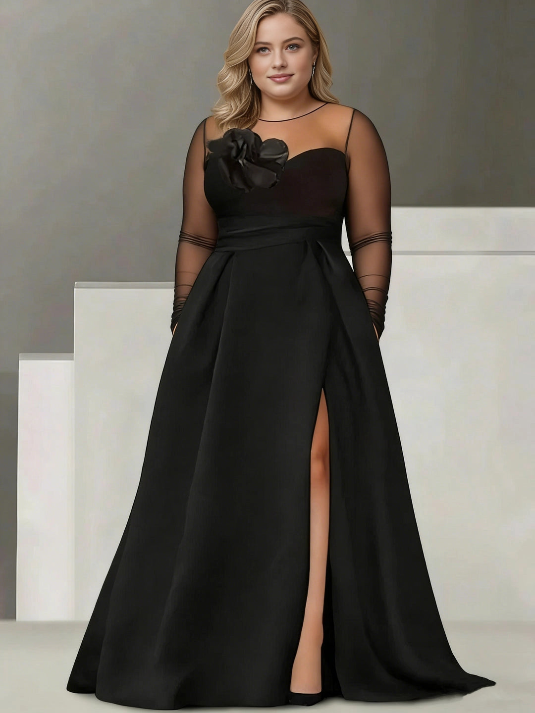 RoselleDress black satin plus size floor length mother of bride dress illusion mesh long sleeve 3D flower high slit with pockets front view