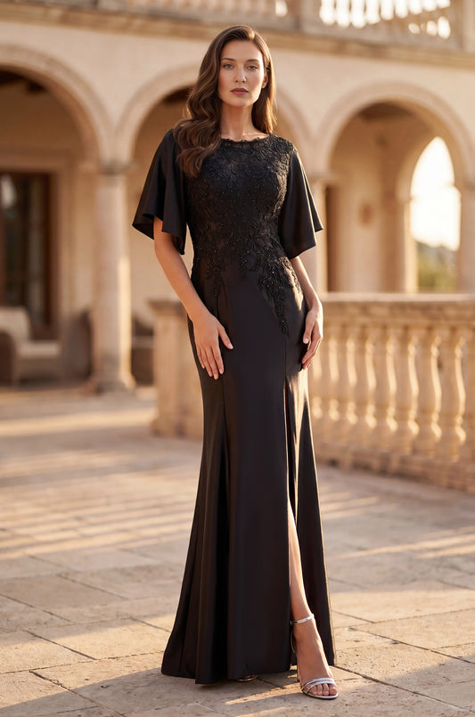 roselledress black lace beaded mermaid mother of the bride dresses front view round neck flutter sleeve front slit floor length satin evening gown