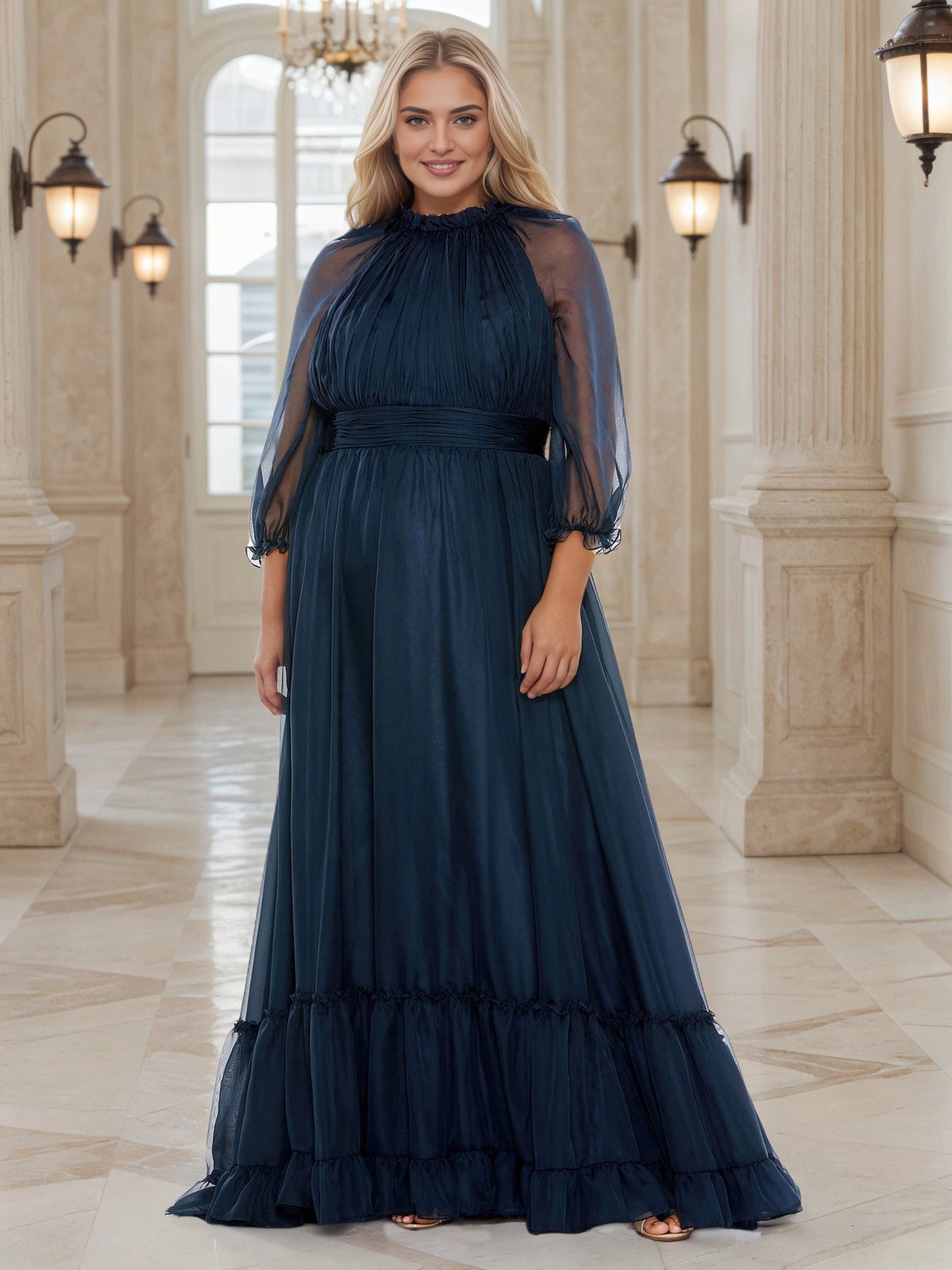 Plus‑Size High Neck Ruffled Chiffon 3/4 Sleeve A‑Line Floor‑Length Wedding Guest Dress