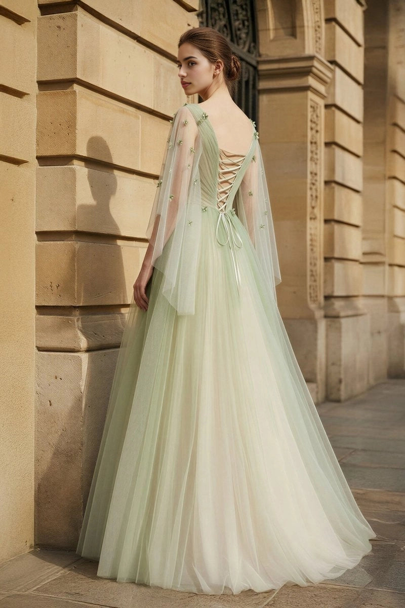 Roselledress gradient mint green formal gown criss cross lace up back sheer cape tulle prom dress