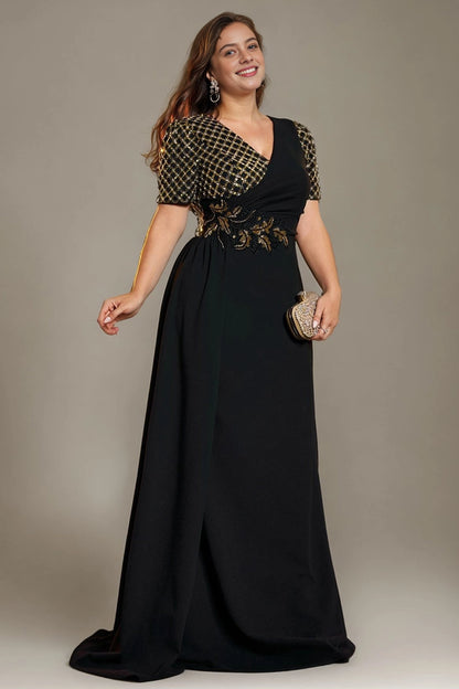 Glamorous Mermaid V-Neck Short-Sleeve Sequin-Back Floor-Length Plus Size Mother Of Bride Dress