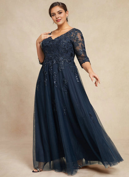 Luxurious A-line V-Neck 3/4 Sleeve Lace-Back Maxi plus size Mother Of Bride Dress