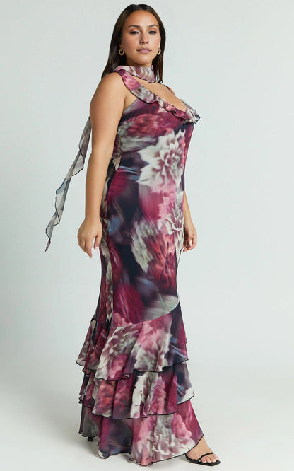 Fitted Mermaid V Neck Off Shoulder Strap Tie Back Tiered Chiffon Plus Size Wedding Guest Dress