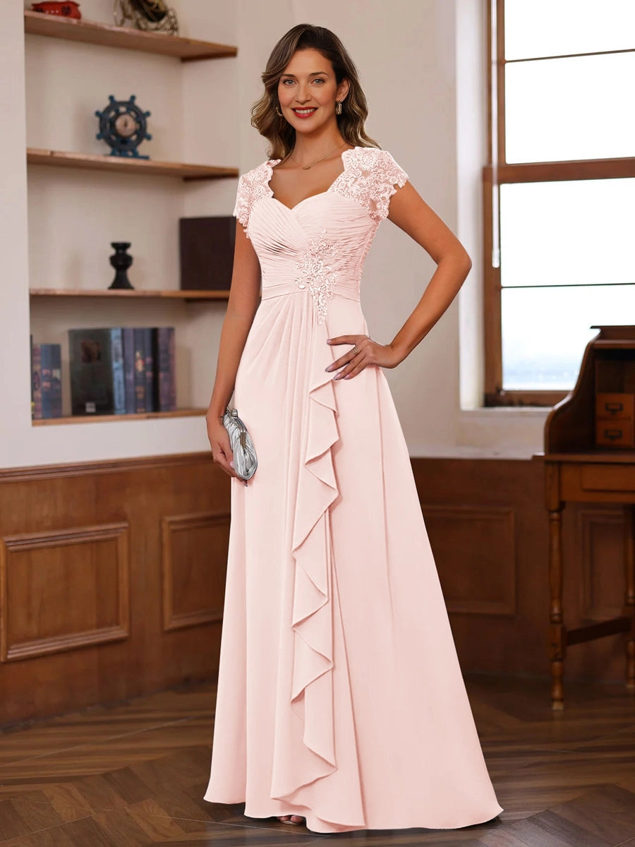 Romantic A-Line Sweetheart Neck Cap-Sleeve Closed-Back Floor-Length Mother of the Bride Dresses